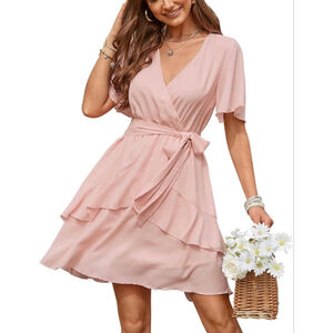 Women's Pink V-Neck Ruffle Tiered Mini Dress M